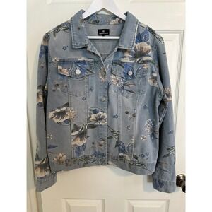 Prosperity - Women's‎ Floral Denim Jacket Light Wash Button Front Sz L